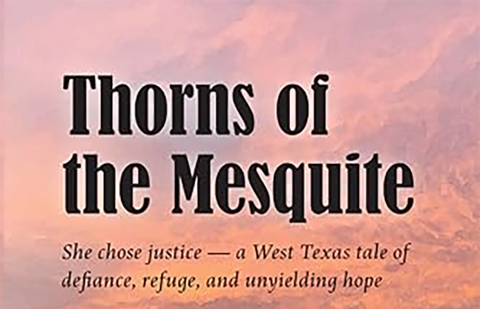 Thorns of Mesquite written on a pink-orange background