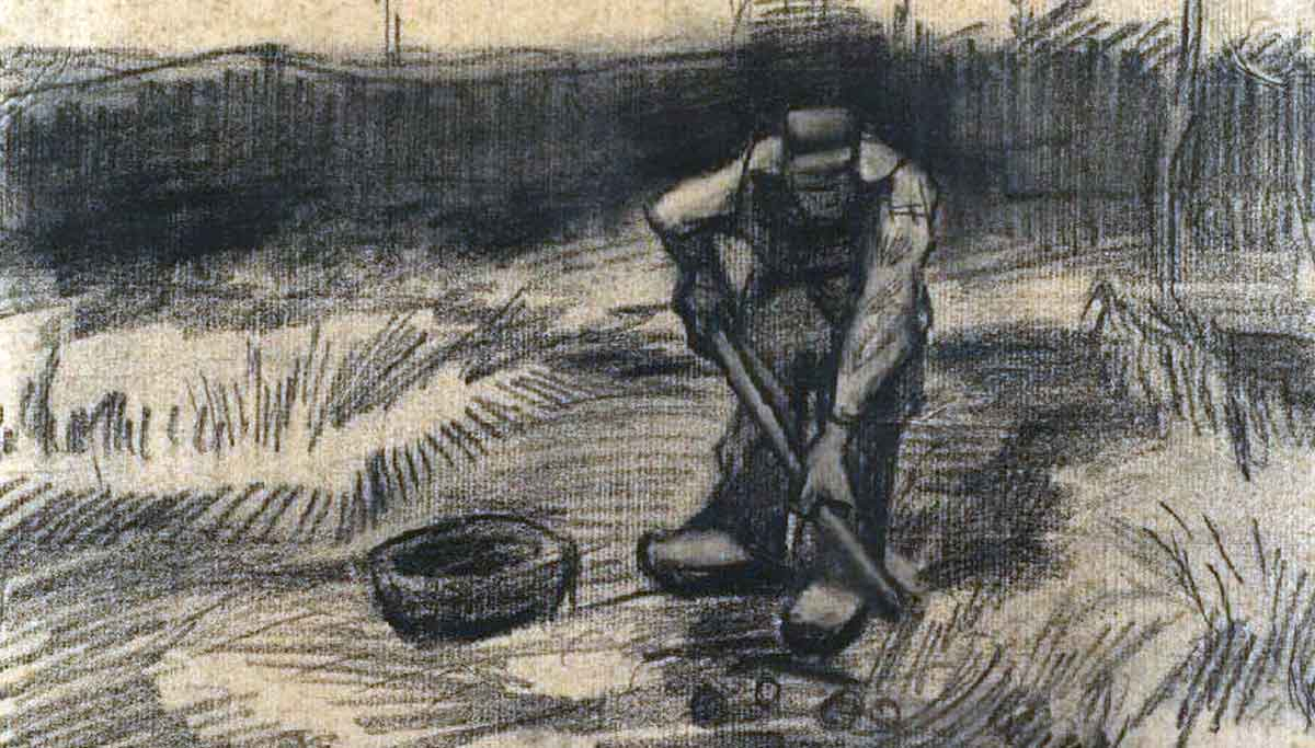 A charcoal sketch of a man digging in a field